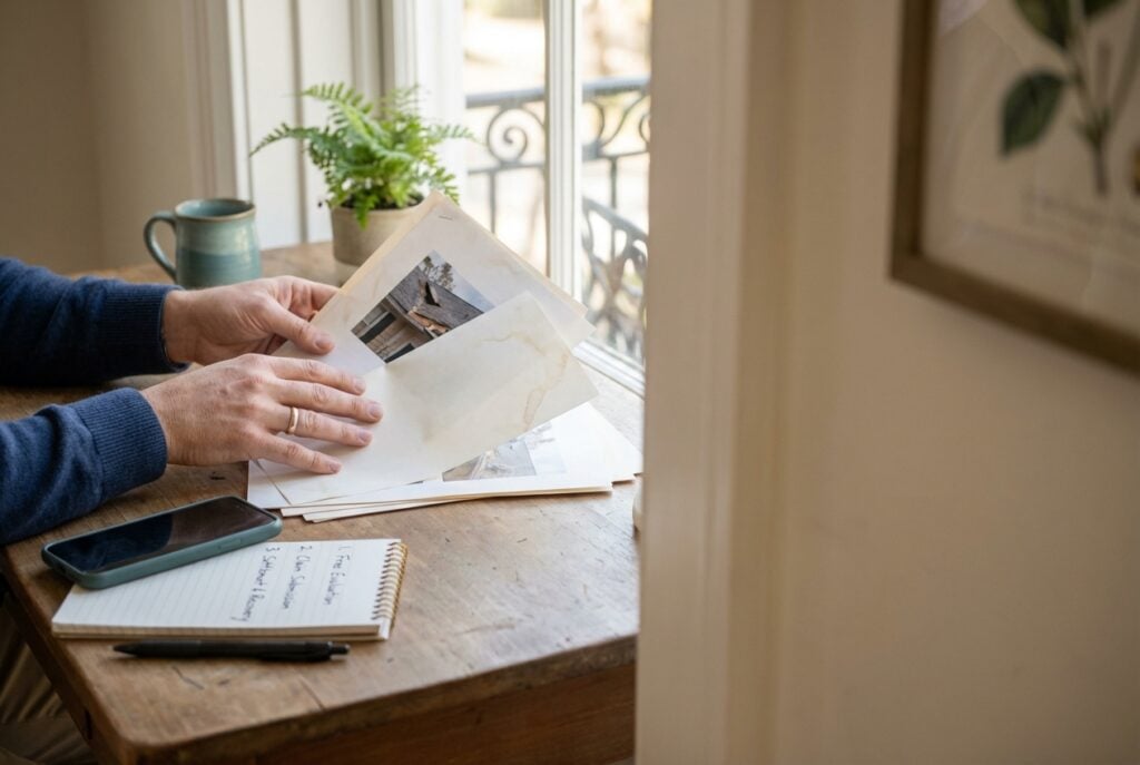 Hands organizing insurance claim paperwork on a kitchen table beside a phone and checklist in natural window light