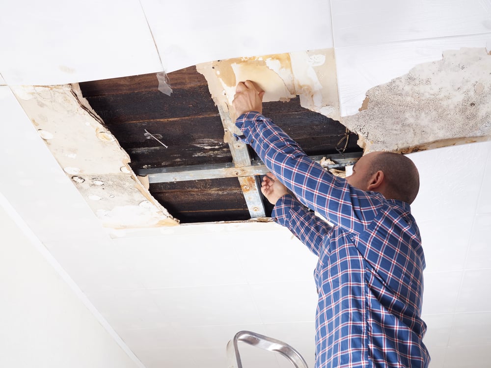 man inspecting water damage on his ceiling